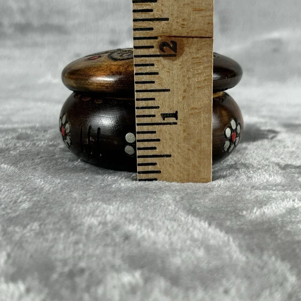 Vintage Hand Carved Wooden Trinket Box Round Floral Relief Lid Rustic Jewelry...